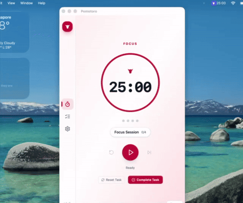 Pomotoro in action — timer phases, task queues, ambient audio, notifications, and the break screen blocker.